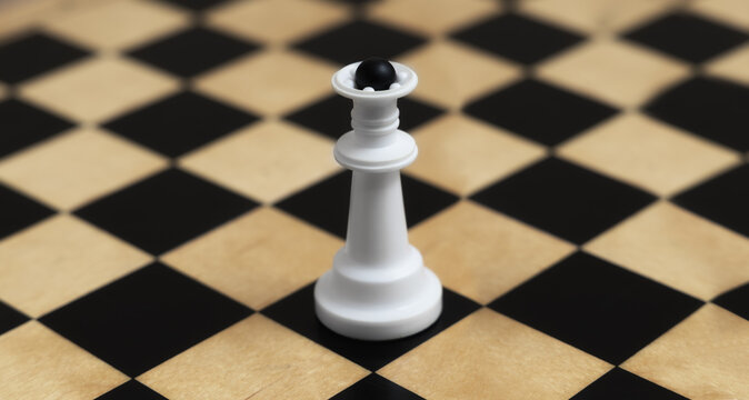Queen chess piece on a checkered chessboard. Logic game
