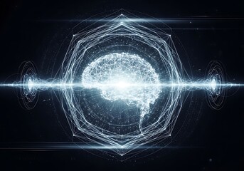 Futuristic Digital Brain with Energy Waves and Neural Network Light Visualization in Advanced AI Technology Concept
