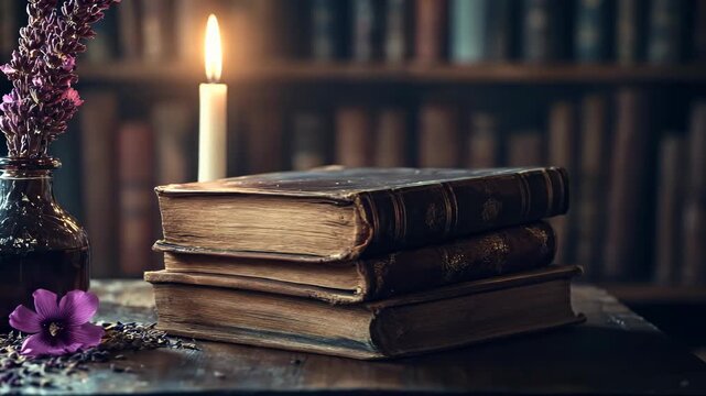Ancient knowledge awaits. Stacked aged books lie beside a burning candle and a vase with dried flowers and a single purple bloom on a wooden surface with shelves of books in the background.