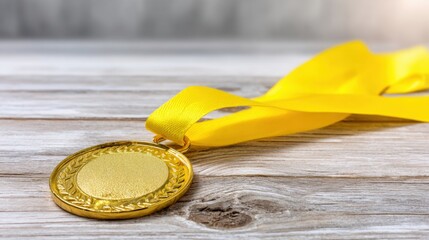 Gold medal with yellow ribbon on textured wooden surface. Close-up representing achievement, award recognition and sports accomplishment