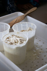 Traditional table for making fresh ricotta cheese, wooden utensils and curds on surface, artisanal reques&oacute;n, mat&oacute;