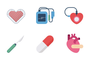 Cardiology tools and symbols set, wearable heart monitor, defibrillator device, ear sensor, scalpel, capsule medicine, adhesive bandage
