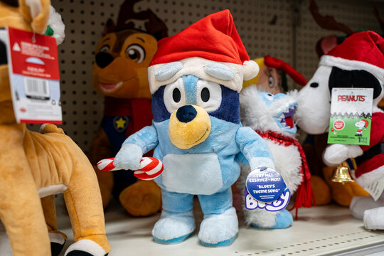 Close up of plush holiday toys Bluey on store shelf. Brampton, Canada - November 16, 2025.
