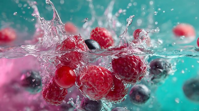 Fresh raspberries and blueberries splashing in water for a vibrant food photography