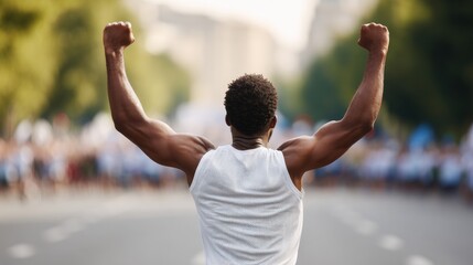 Male black runner with arms lifted in victory during outdoor city marathon. Blurred crowd and dynamic posture capturing confidence and competitive success
