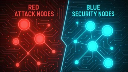 Illustration of network security concepts, featuring red attack nodes versus blue security nodes, symbolizing digital defense strategies.