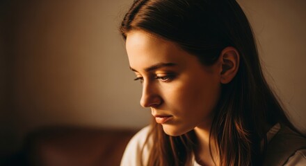 Pensive young woman with eyes closed looking down in a dark room indoors