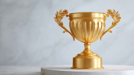 Luxurious gold award cup with decorative handles placed on marble podium. Represents success, victory and top performance in sports achievements