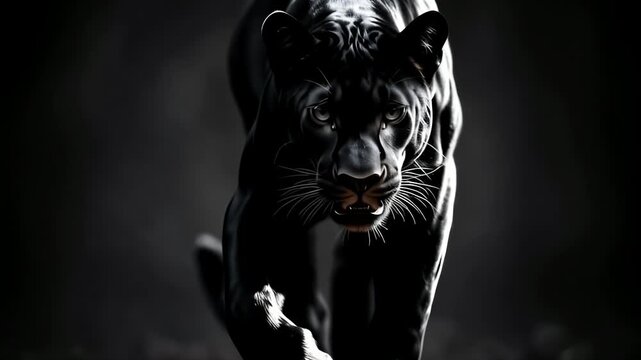 A dangerous black panther hunter stalking prey at night. A wild animal jaguar feline concept in a dark jungle setting in 4K video.