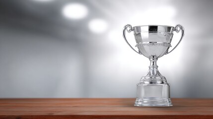 Bright silver award cup standing on wooden surface with blurred lights. Represents recognition, professional success and athletic accomplishment