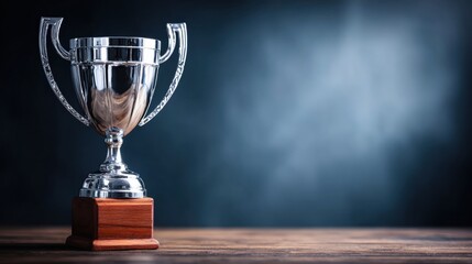 Polished silver trophy with wooden base on dark background. Classic symbol of excellence, competition results and second-place achievement