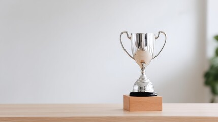 Silver trophy on wooden base standing on clean tabletop. Minimalist scene highlighting achievement and competitive success in sports or professional performance