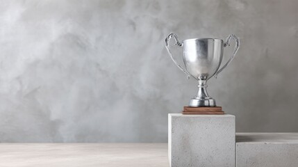 Silver trophy displayed on minimalist concrete blocks. Clean studio setup highlighting sports victory, competition results and high performance