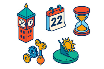 Storytelling Time Icons. Isometric vector illustration set Storytelling icons &ndash; clock tower, hourglass, calendar page; winding key