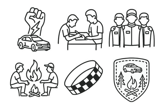 Rally Culture Icons. Line style icons of rally culture and lifestyle: rally tattoo icon, autograph session, team group photo,