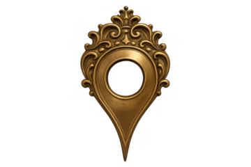 Ornate vintage gold location pin icon featuring rococo baroque details, symbolizing luxury travel, navigation, and mapping on transparent background