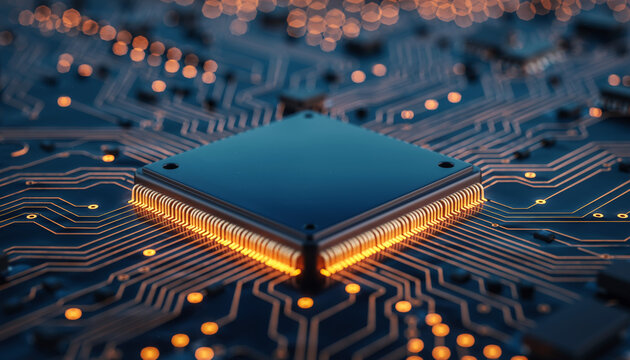 Computer chip on circuit board with glowing lines