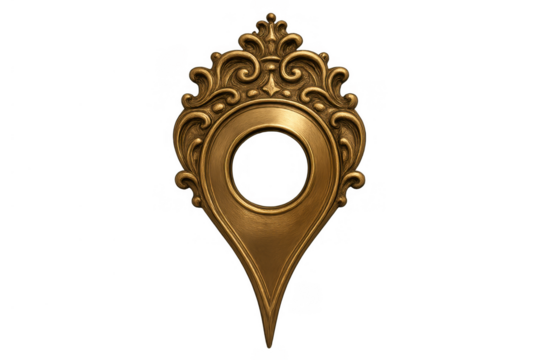 Ornate vintage gold location pin icon featuring rococo baroque details, symbolizing luxury travel, navigation, and mapping on transparent background - Powered by Adobe