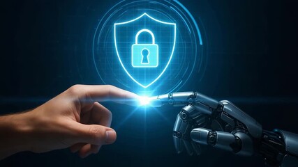 A human hand reaching out to touch a robotic hand, symbolizing the connection between technology and security. - Powered by Adobe