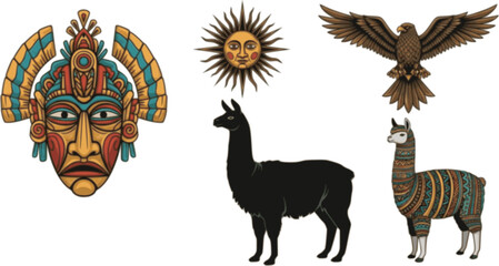 Obraz premium Traditional Peruvian Elements Vector Set: Inca Mask, Sun, Llama, Eagle, Machu Picchu, Alpaca, and Ancient Symbols. Retro South American Culture Illustration.