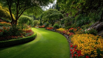 Fototapeta premium Meandering green lawn pathway curves through a vibrant botanical garden. Surrounded by lush hedges. Colorful spring and summer flowers. Shade trees. And dense foliage