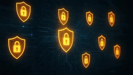 Abstract illustration of digital security with glowing padlocks on a circuit board, symbolizing protection and cybersecurity. - Powered by Adobe