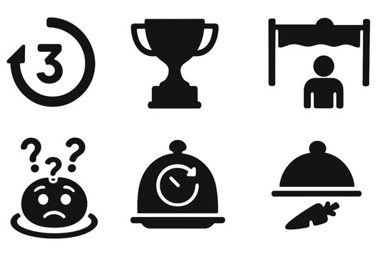 Challenge Event Icons. Solid style icons of challenge event visuals: countdown timer in reverse, reversed trophy icon, upside-down