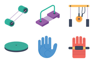 Physiotherapy equipment set, push up bars, over door pulley, balance disc, hand gripper, wrist roller, rehab training vector