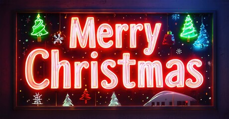 Bright neon sign displays festive holiday greeting. Colorful trees, snowflakes enhance cheerful message. Dark background emphasizes glow.