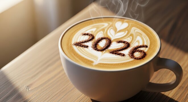 Steaming coffee with latte art displaying 2026 on wooden table offers a hopeful start for new year