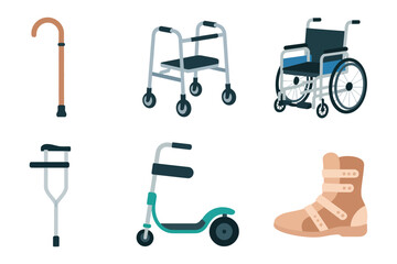 Mobility aids icons, walking cane, forearm crutch, foldable walker, knee scooter, wheelchair, orthopedic boot, rehabilitation equipment vector