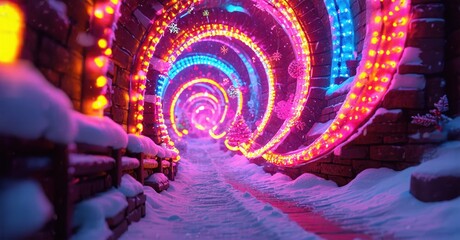 Fototapeta premium Bright tunnel glows with colorful lights. Snow covers stone walls, creating magical winter scene. Depth extends into darkness.