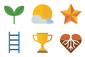 Motivation symbols pack, sprout plant, dawn sun above clouds, shining star, ladder upward, winners trophy, heart roots, vector