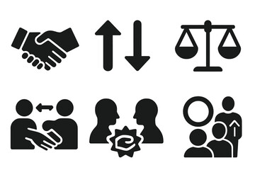 Mutual Respect Icons. Solid style icons of mutual respect symbols: handshake of equals icon, upward-downward arrows, trust balance