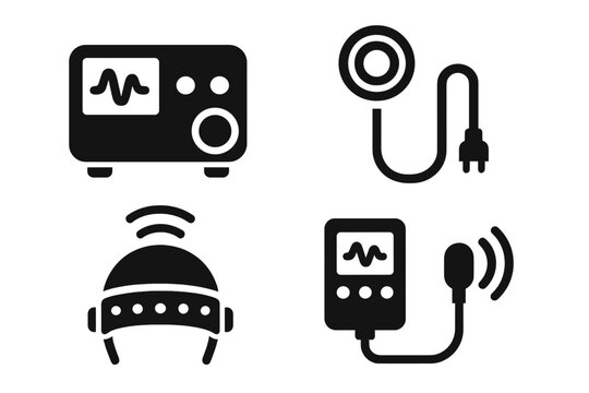 Electromagnetic Therapy Icons. Solid style icons of electromagnetic therapy devices: pulsed EMF machine, waveform coil, electric
