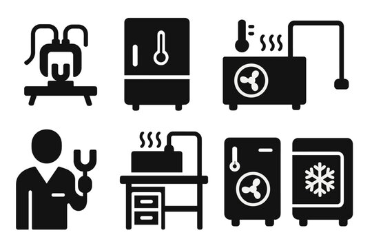 Magnetic Refrigeration Icons. Solid style icons of laboratory magnetic refrigeration setups: test rig with coil and core, lab