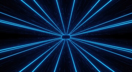 Bright blue neon lines radiate outward into infinite dark space