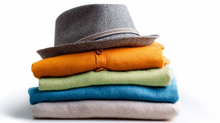 Assorted folded clothing with a stylish hat on top in a neat stack
