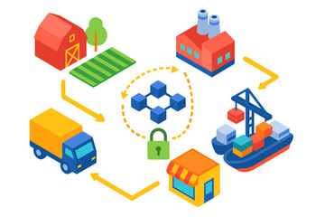 Obraz premium Ethical Shopping Icons. Isometric vector illustration set Ethical shopping – transparent supply chain map, truck icon, factory