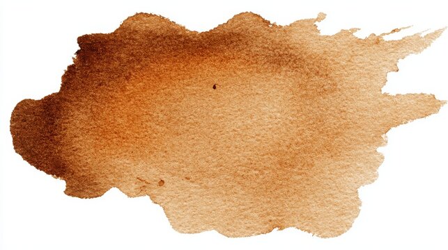 Brown watercolor paint creating an organic brush stroke on white paper, forming a textured abstract stain with soft edges and varying pigment intensity