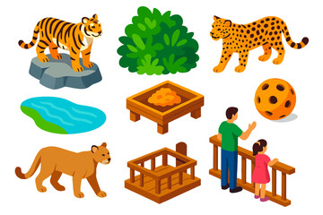 Vibrant Zoo Animal Icons. Isometric vector illustration set Zoo animals – tiger, jaguar, cougar; rocky ledge, dense foliage, water