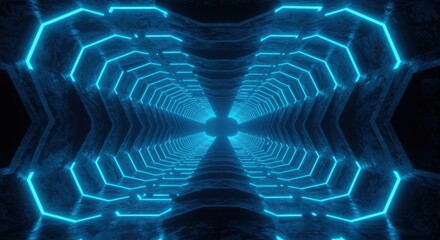 Fluorescent blue hexagonal structures illuminate a dark, endless corridor receding into the distance