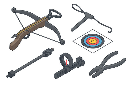 Archery Equipment Isometric. Isometric vector illustration set Archery gear: crossbow with loaded bolt, bow stringer tool, target