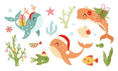 Cute Christmas Ocean Animals Clipart Set. Cartoon Xmas Sea Creatures. Holiday Undersea World Design. Festive Nautical Illustrations.
