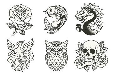 Line Style Tattoo Icons. Line style icons of popular cover-up motifs: blooming rose overlay, koi fish swirl, dragon with shadow