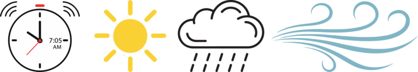 Flat Icon Set Featuring Time, Sun, Rain, and Wind