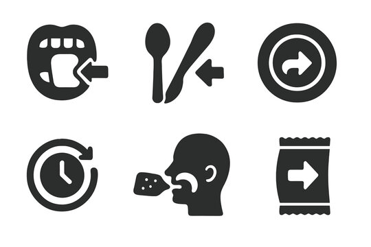 Reverse Eating Icons. Solid style icons of reverse eating challenges: backward bite animation, reversed spoon motion, rewinding