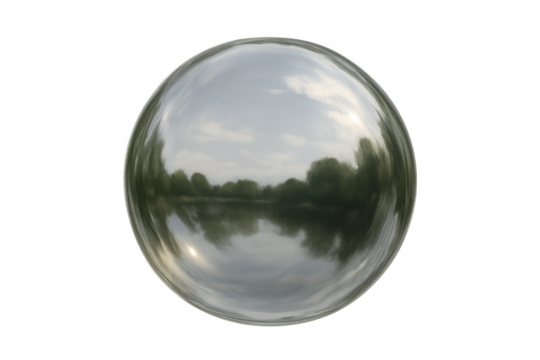 Reflective glossy sphere capturing landscape with trees, cloudy sky, and water, offering a unique perspective