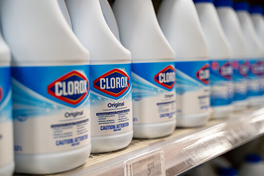 Close up of Clorox Original bleach bottles on store shelf. Brampton, Canada - November 16, 2025.
