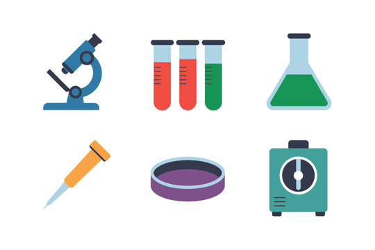Microscope and glassware icons set, test tubes rack, conical flask, syringe dropper, petri dish, electric hotplate